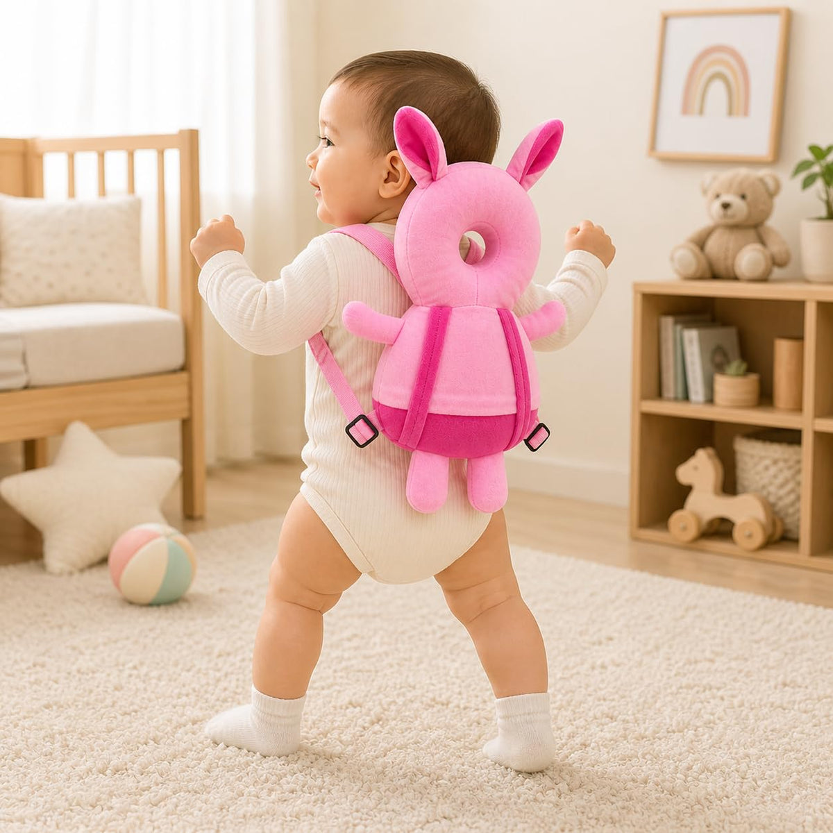GLUN® 1 Piece Cute Bunny Rabbit Shape Soft Baby Head Protector Backpack, Cushioning, Adjustable Shoulder Belt, Head Protection for 6-15 Month Toddler Babies