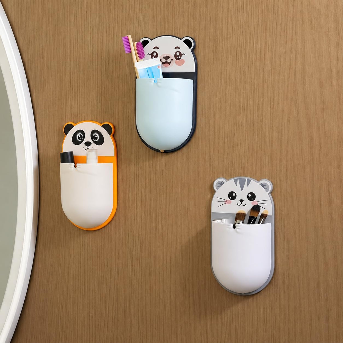 Wall Mounted Cartoon Storage Holder Pack of 3 | Self-Adhesive Bathroom & Desk Organizer | Cute Animal Toothbrush, Toothpaste & Stationery Holder | Waterproof Multipurpose Wall Pocket