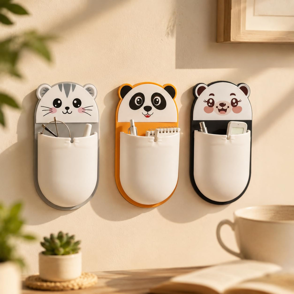 Wall Mounted Cartoon Storage Holder Pack of 3 | Self-Adhesive Bathroom & Desk Organizer | Cute Animal Toothbrush, Toothpaste & Stationery Holder | Waterproof Multipurpose Wall Pocket
