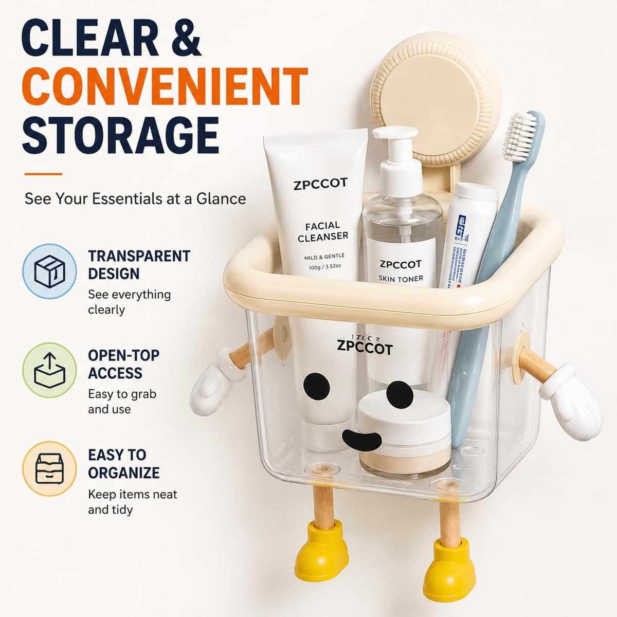 Cartoon Toothbrush Holder, Wall Mount Bathroom Storage Organizer