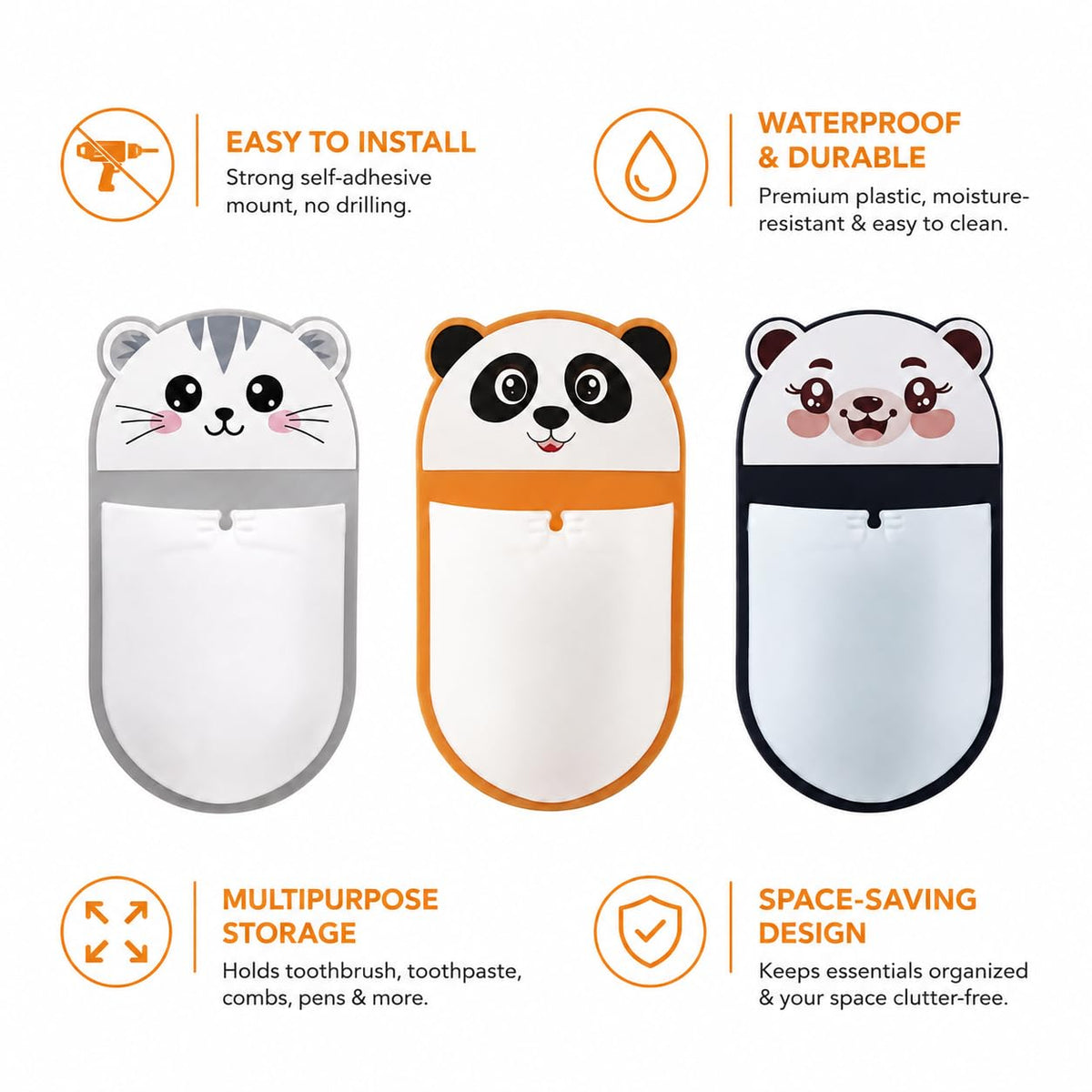 Wall Mounted Cartoon Storage Holder Pack of 3 | Self-Adhesive Bathroom & Desk Organizer | Cute Animal Toothbrush, Toothpaste & Stationery Holder | Waterproof Multipurpose Wall Pocket