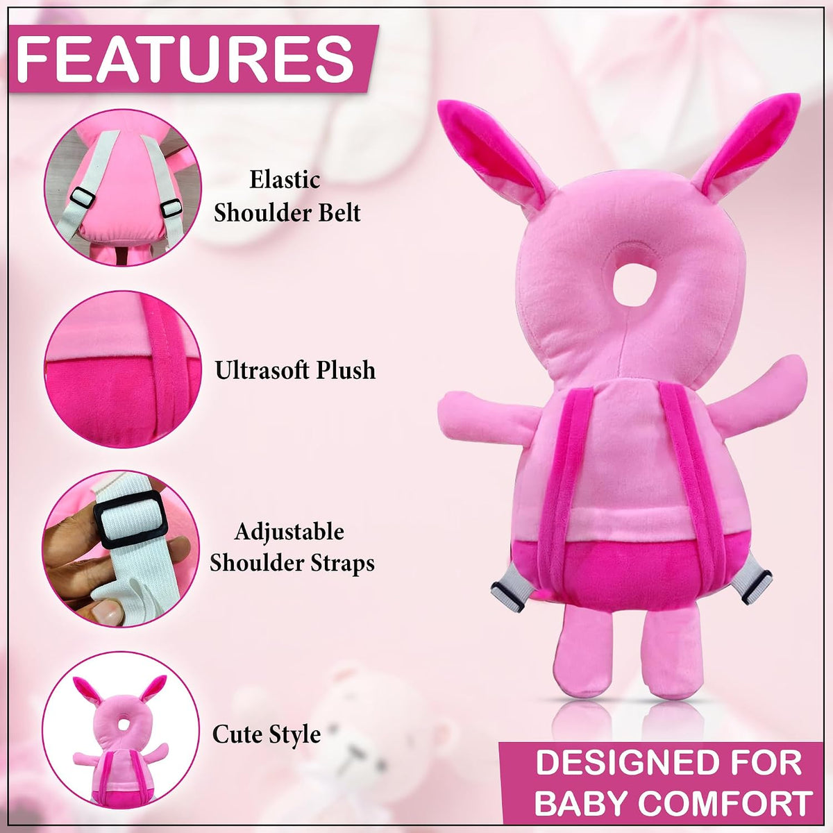 GLUN® 1 Piece Cute Bunny Rabbit Shape Soft Baby Head Protector Backpack, Cushioning, Adjustable Shoulder Belt, Head Protection for 6-15 Month Toddler Babies