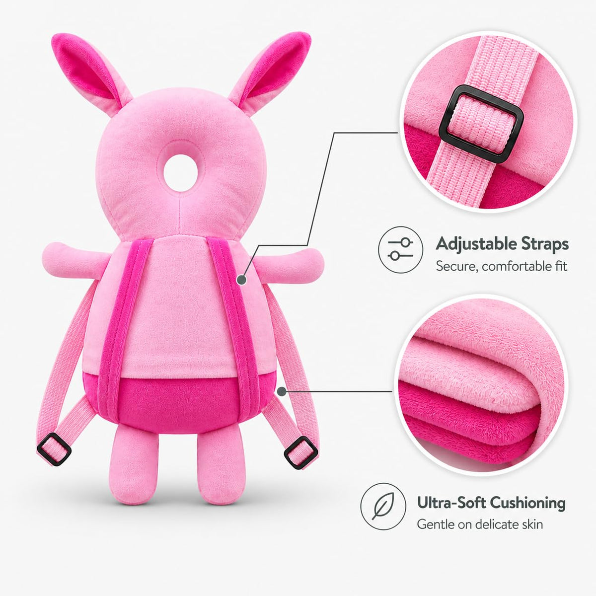 GLUN® 1 Piece Cute Bunny Rabbit Shape Soft Baby Head Protector Backpack, Cushioning, Adjustable Shoulder Belt, Head Protection for 6-15 Month Toddler Babies