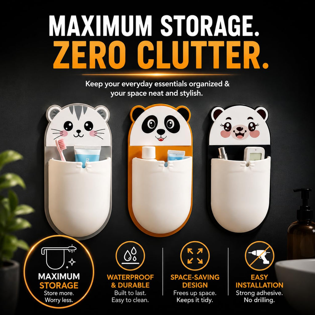 Wall Mounted Cartoon Storage Holder Pack of 3 | Self-Adhesive Bathroom & Desk Organizer | Cute Animal Toothbrush, Toothpaste & Stationery Holder | Waterproof Multipurpose Wall Pocket