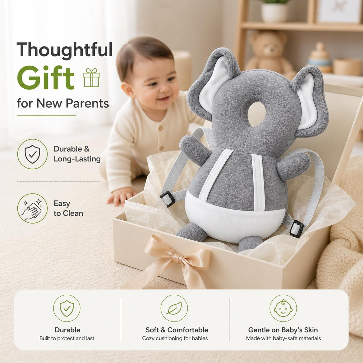 GLUN® 1 Piece Cute Bunny Rabbit Shape Soft Baby Head Protector Backpack, Cushioning, Adjustable Shoulder Belt, Head Protection for 6-15 Month Toddler Babies