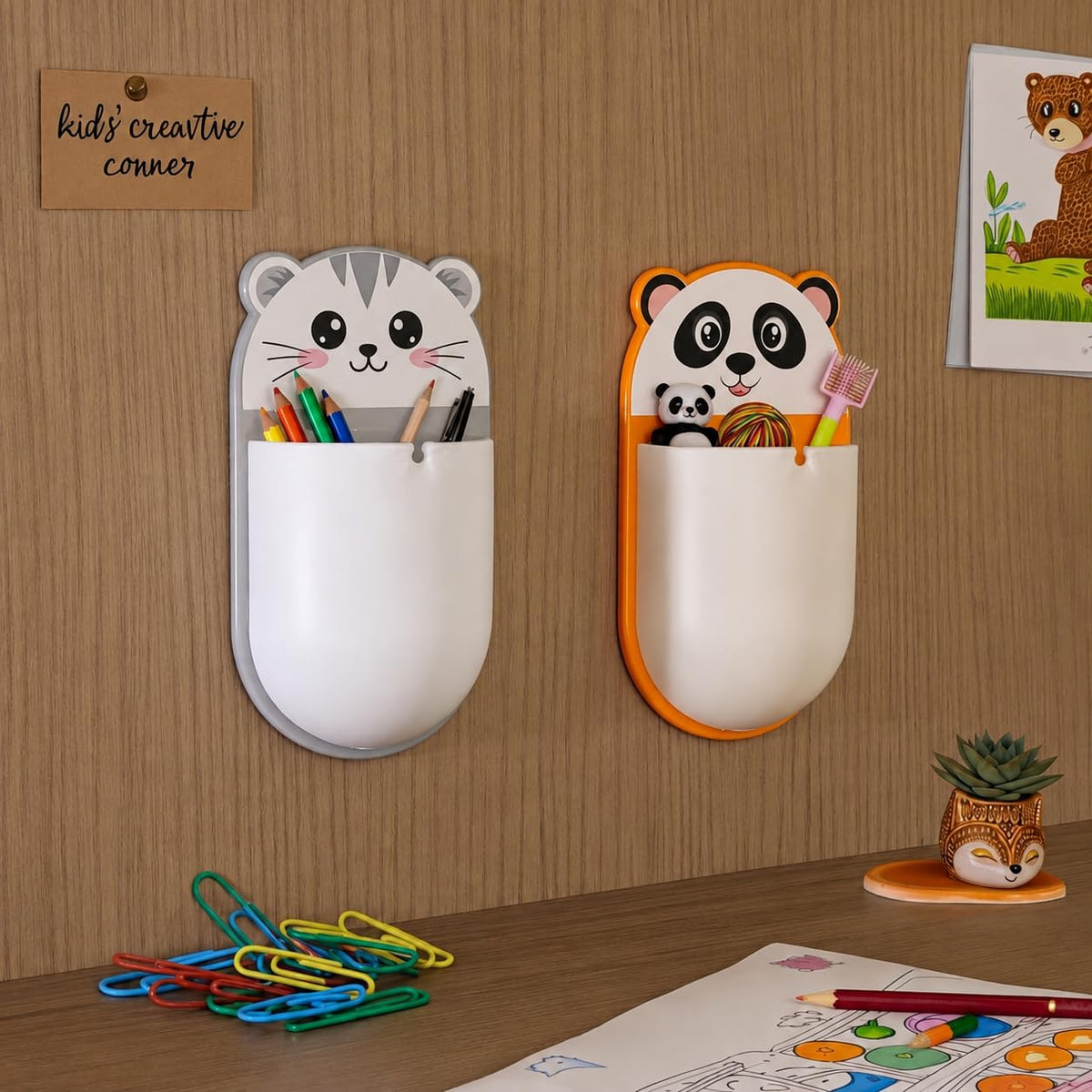 Wall Mounted Cartoon Storage Holder Pack of 3 | Self-Adhesive Bathroom & Desk Organizer | Cute Animal Toothbrush, Toothpaste & Stationery Holder | Waterproof Multipurpose Wall Pocket