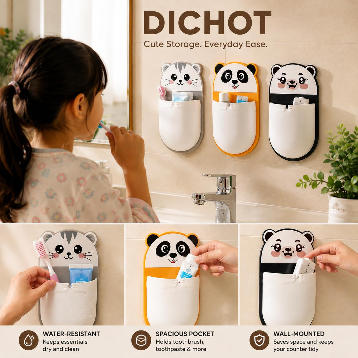 Wall Mounted Cartoon Storage Holder Pack of 3 | Self-Adhesive Bathroom & Desk Organizer | Cute Animal Toothbrush, Toothpaste & Stationery Holder | Waterproof Multipurpose Wall Pocket