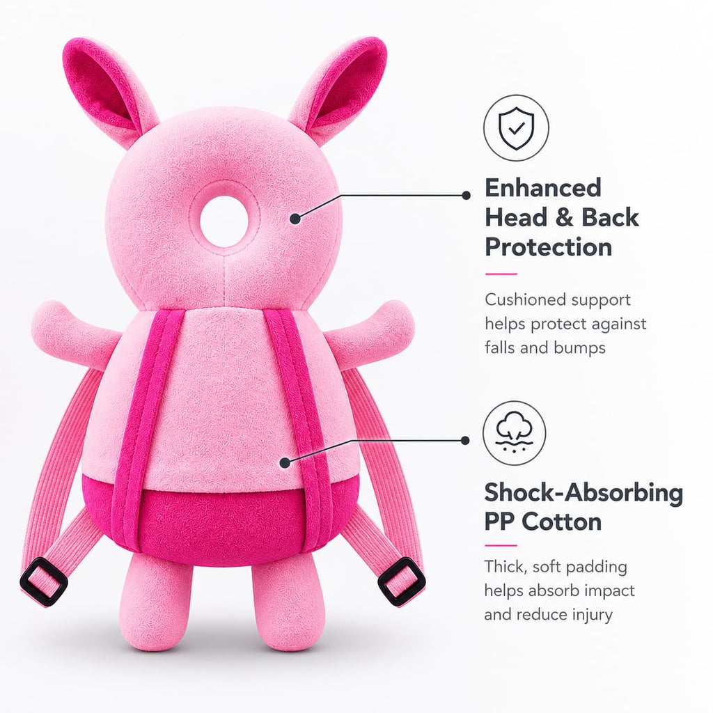 GLUN® 1 Piece Cute Bunny Rabbit Shape Soft Baby Head Protector Backpack, Cushioning, Adjustable Shoulder Belt, Head Protection for 6-15 Month Toddler Babies